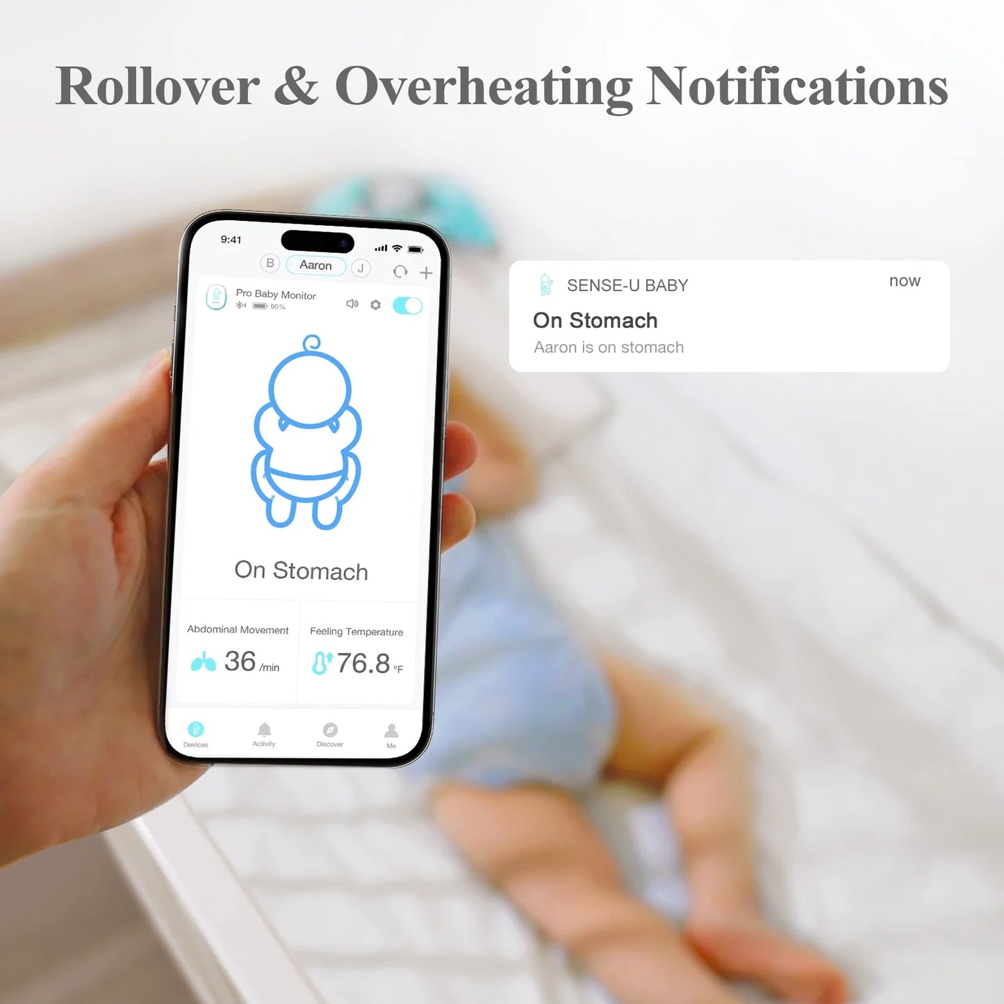 Pro Baby Movement Monitor with Arousal Vibration, Movement/Rollover/Overheating Alerts, Audible & App Notifications, Easy Clip-On Design, Smart Sleep Monitor