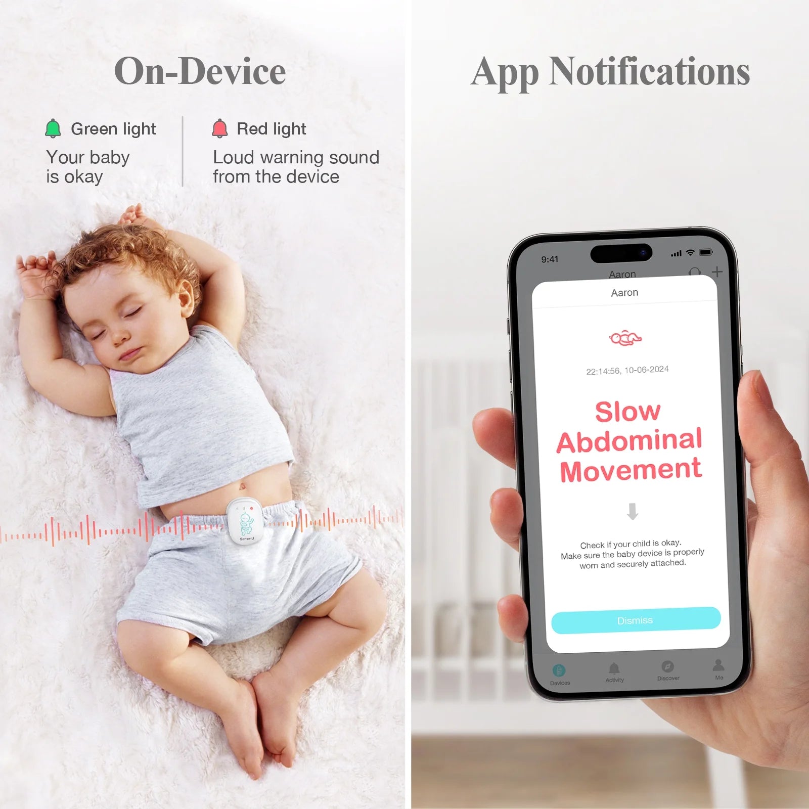 Pro Baby Movement Monitor with Arousal Vibration, Movement/Rollover/Overheating Alerts, Audible & App Notifications, Easy Clip-On Design, Smart Sleep Monitor