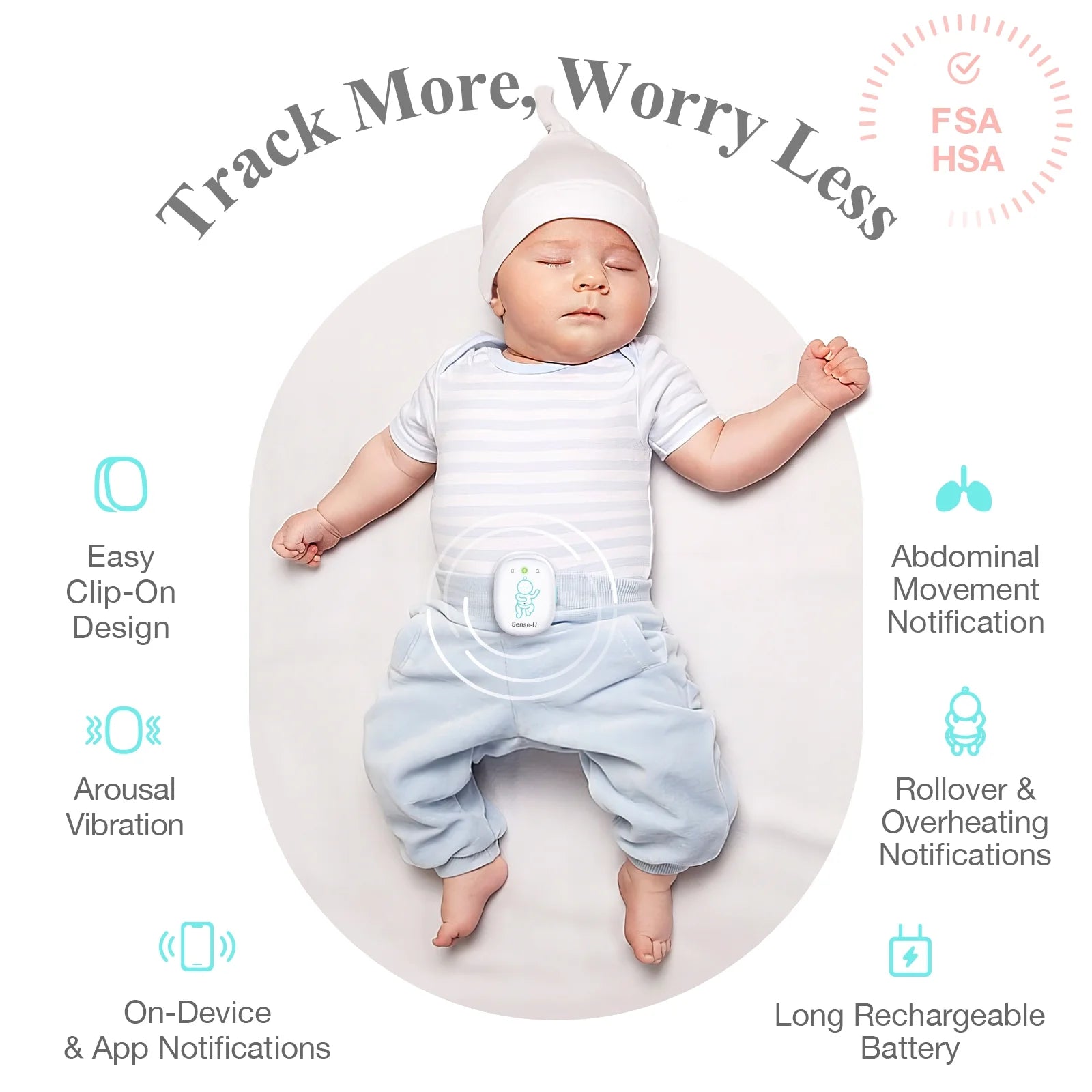 Pro Baby Movement Monitor with Arousal Vibration, Movement/Rollover/Overheating Alerts, Audible & App Notifications, Easy Clip-On Design, Smart Sleep Monitor