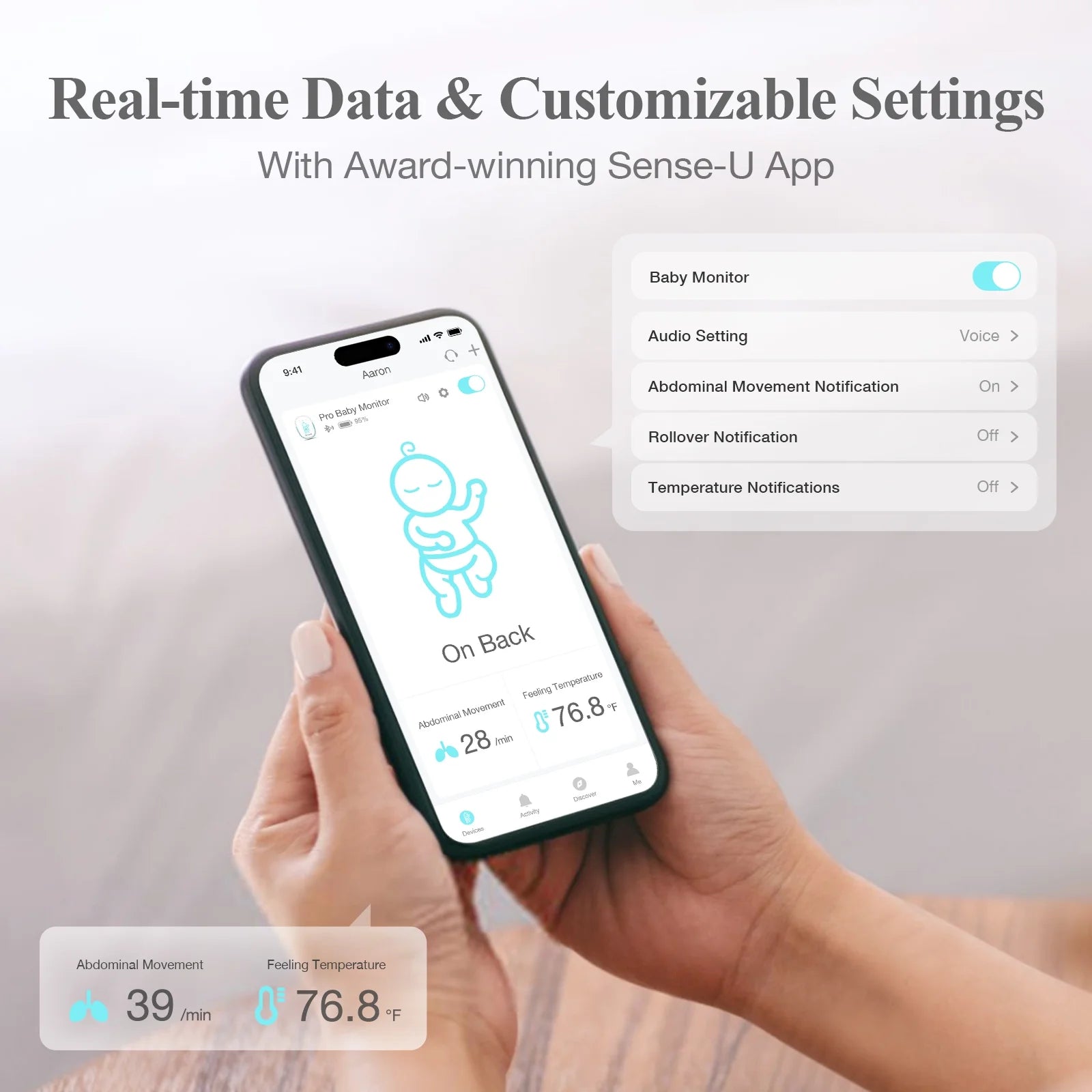 Pro Baby Movement Monitor with Arousal Vibration, Movement/Rollover/Overheating Alerts, Audible & App Notifications, Easy Clip-On Design, Smart Sleep Monitor